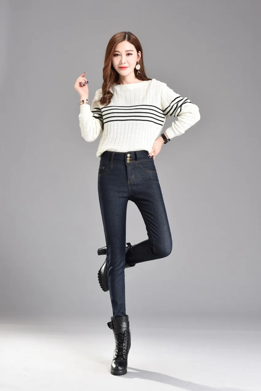 WKOUD, зимние теплые джинсы с высокой талией, 3 пуговицы, обтягивающие черные узкие брюки, флисовые утепленные синие джинсовые брюки, женские джинсы P8624