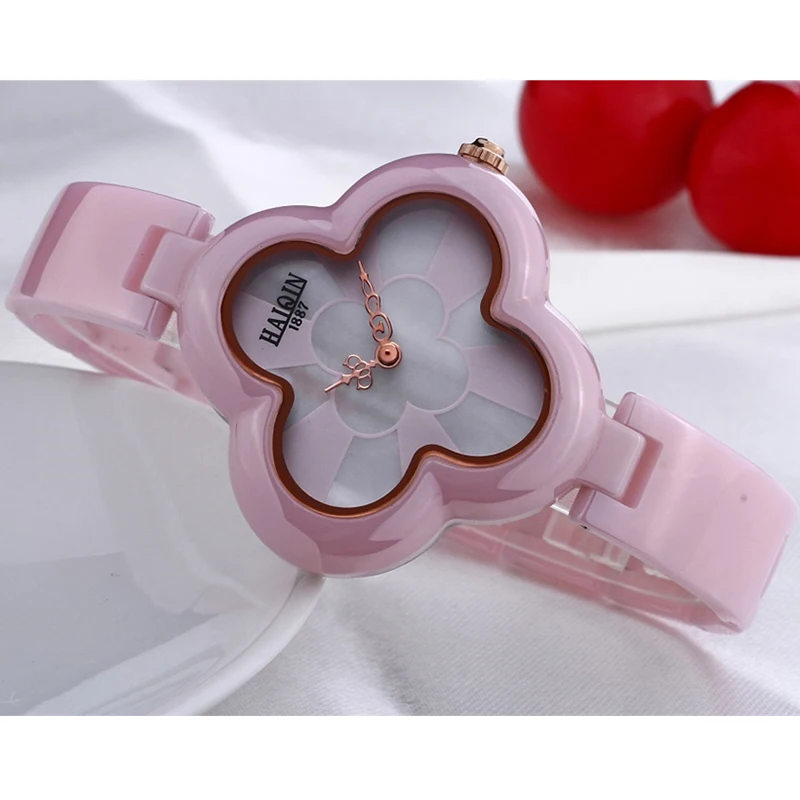 HAIQIN Quartz Women's Watches Casual Four Leaf Clover Shape Bracelet Wristwatch Luxury Noble Lady Ceramic Watch relogio feminino