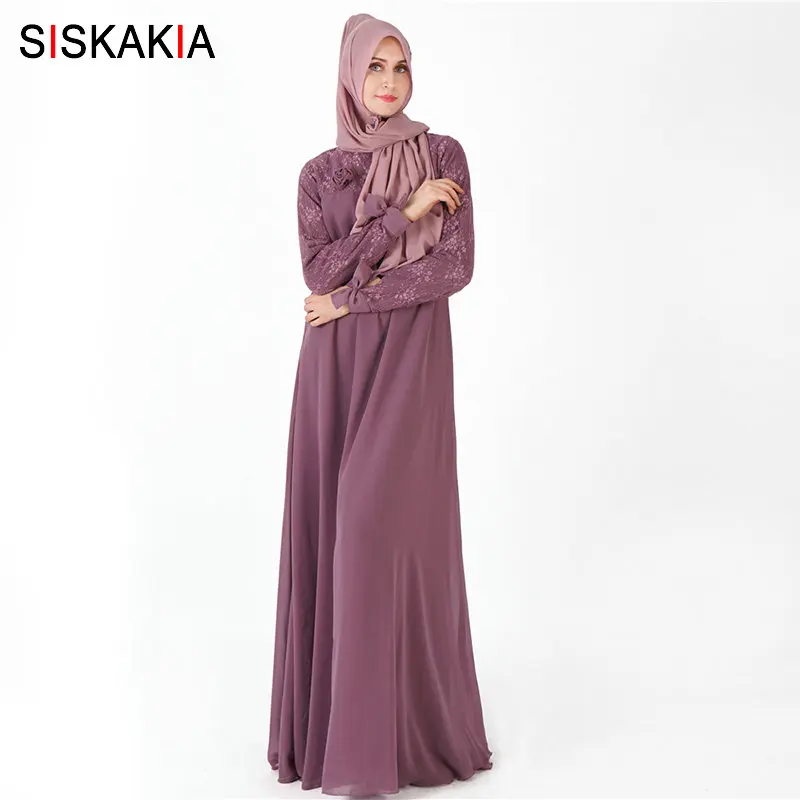 

Siskakia Muslim Abaya Brief luxurious Double-layer High-Density Pearl Chiffon Lace patchwork Swing Long Dress 3D Flower Bow Blue