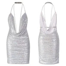 2017 women sequin dress sexy deep v-neck backless gold&silver Glitter party club Dresses plus size cocktail nightclub Mini dress