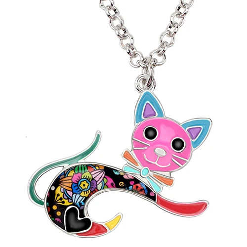 NEWEI Enamel Alloy Jumping Kitten Cat Choker Necklace Chain Pendant