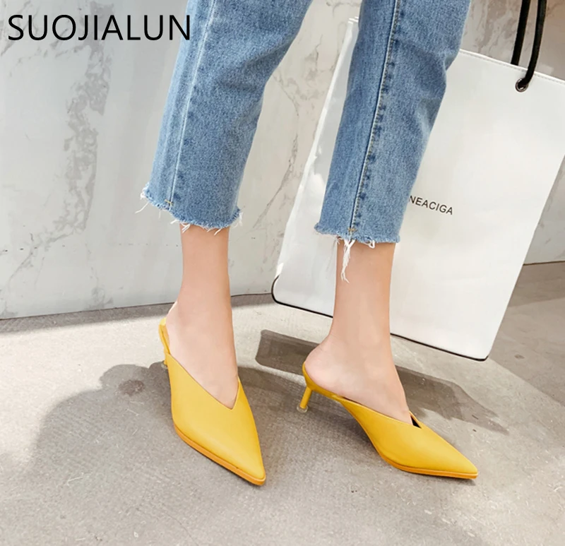 

SUOJIALUN 2019 New Summer Women Mules High Quality Pointed Toe Slip On Slipper Thin High Heels Woman Outdoor Slippers Pumps