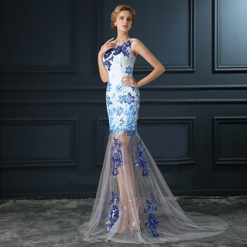Robe de soiree, кружевное элегантное голубое и белое фарфоровое вечернее платье для невесты, vestido de festa, платья для выпускного вечера, Платья для вечеринок