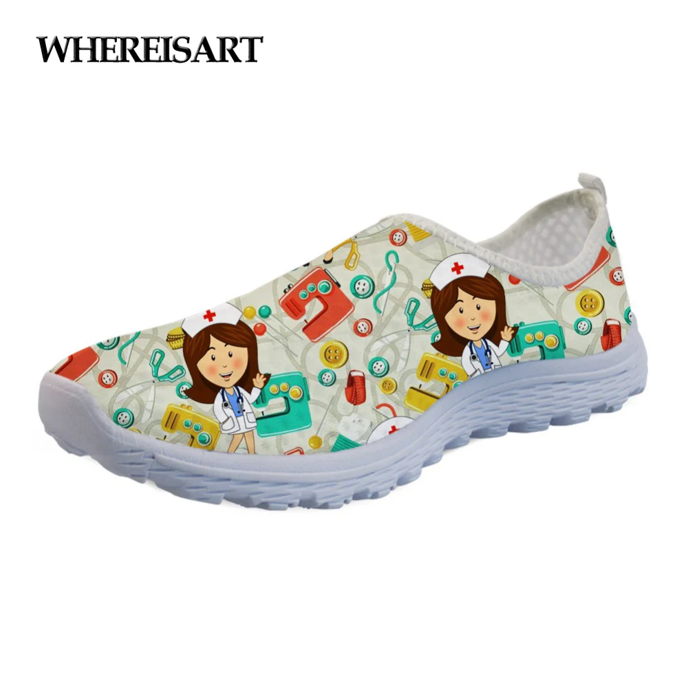 

WHEREISART Women's Nurse Flats Shoes Cute Cartoon Nurses Pattern Casual Summer Comfort Mesh Sneakers for Ladies Nursing Shoes