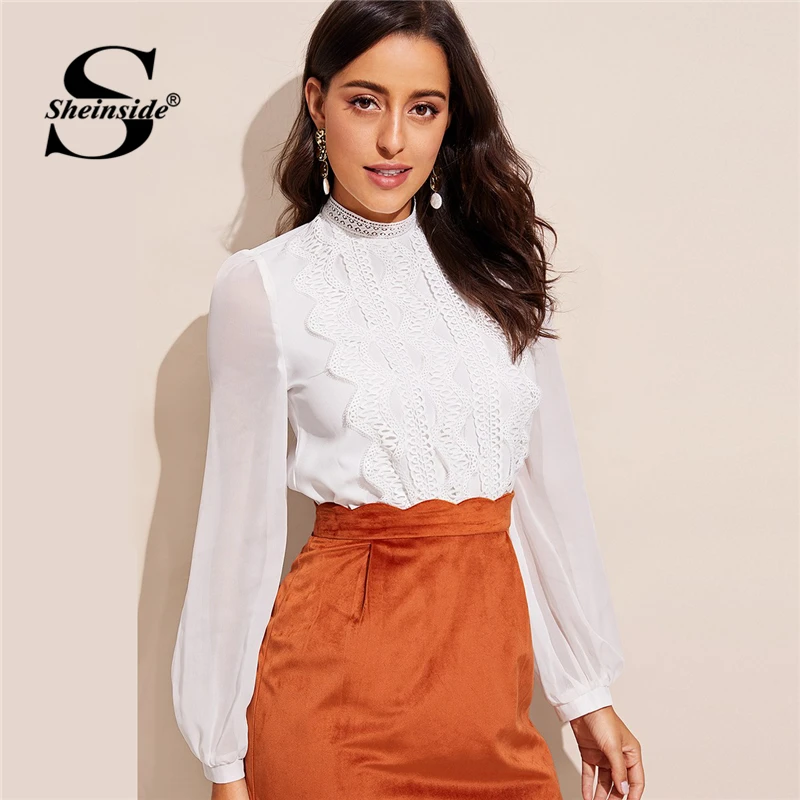 

Sheinside Elegant White Blouse Women Mock-neck Lace Trim Bishop Sleeve Top 2019 Spring Ladies Long Sleeve Blouses Solid Tops