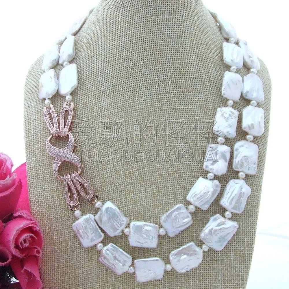 

Women's 20" 2 Strands Natural White Rectangle Keshi Freshwater Pearl Necklace