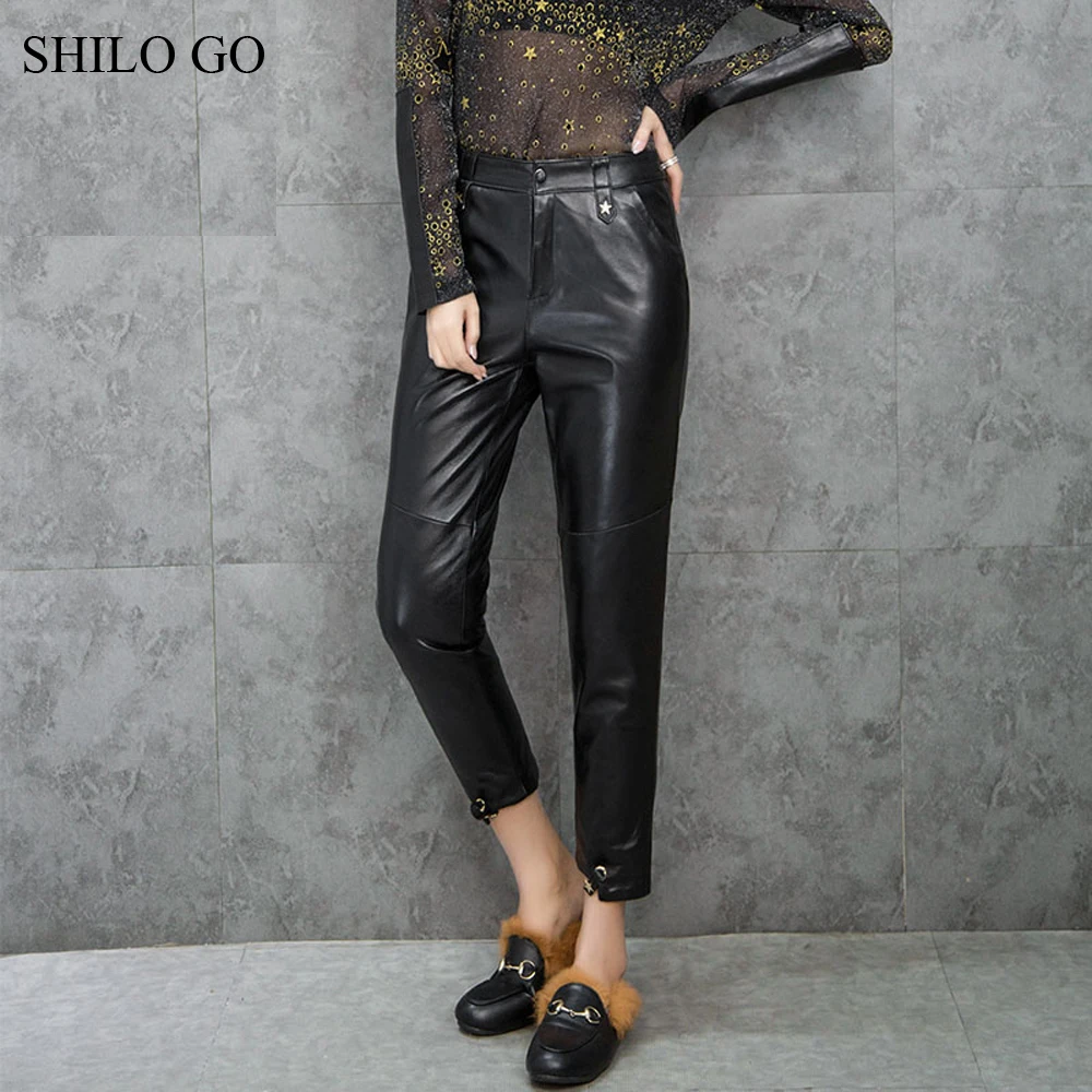 SHILO GO Leather Pants Womens Winter Fashion sheepskin genuine leather Pants office OL high waist concise loose star rivet pants