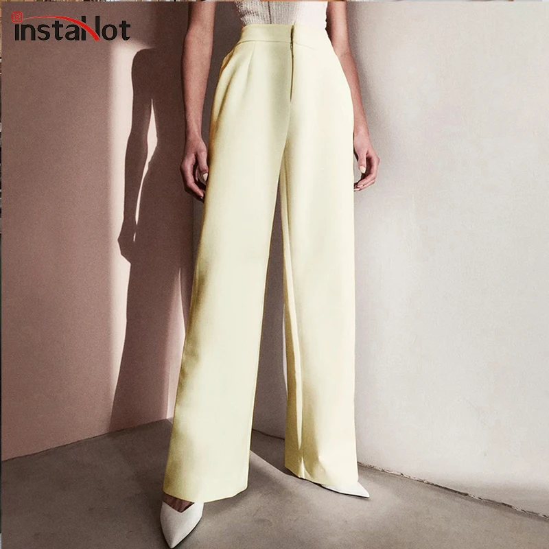

InstaHot Women's Office Lady Long Flare Pants Beige High Waist Trousers 2019 Autumn Elegant Slim Straight Formal Loose Pants