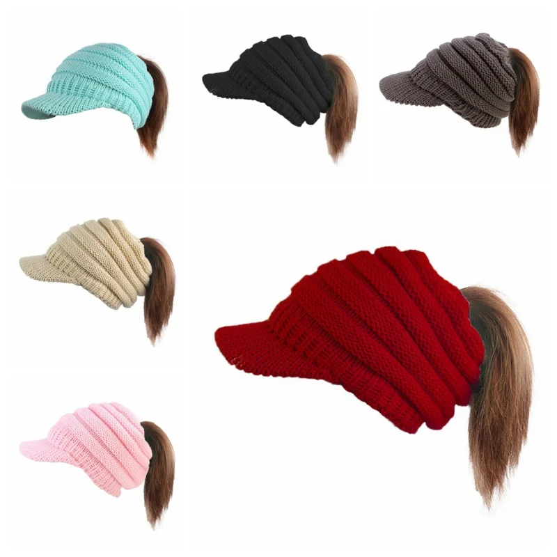 Outdoor women girls adult beanie cap with ponytail hole knitted beanie