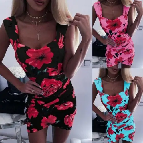 

2019 Summer Womens Boho Floral Print Bodycon Mini Dress Ladies Holiday Beach Sundress