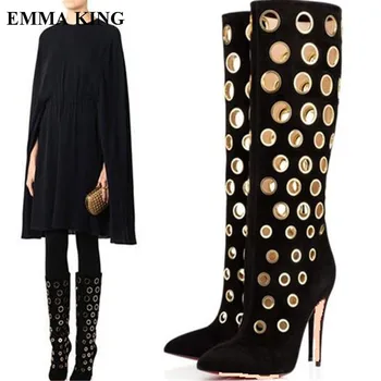 

EMMA KING New Design European Shoes Women Cutouts Long Boots Women Metal Hollow Out Pointed Toe High Heels Knee High Lady Boots