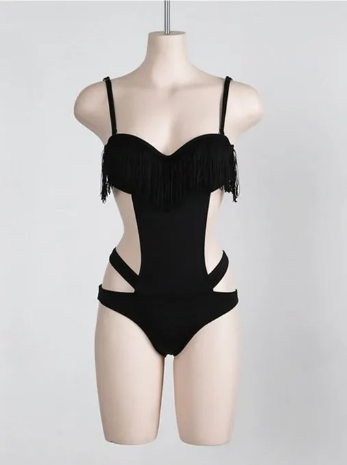 Сексуальный черный бикини с кисточками, монокини, купальник, женский купальник, стринги, одежда для плавания, Цельный купальник, Y012 - Цвет: Черный