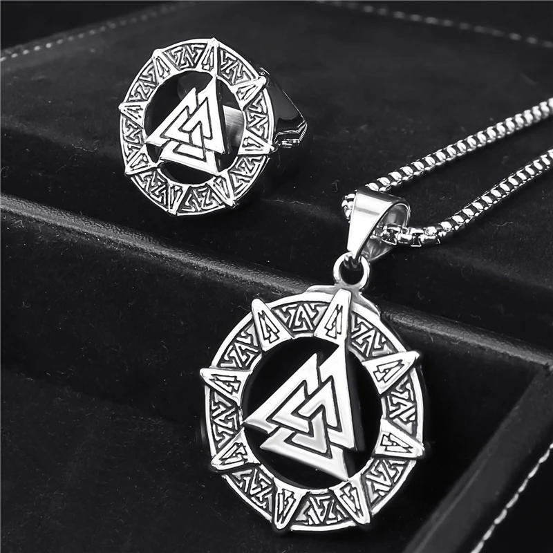 

Mens Viking Valknut Odin's Norse Warrior Stainless Steel Ring and Pendant 24inch Necklace Jewelry Sets