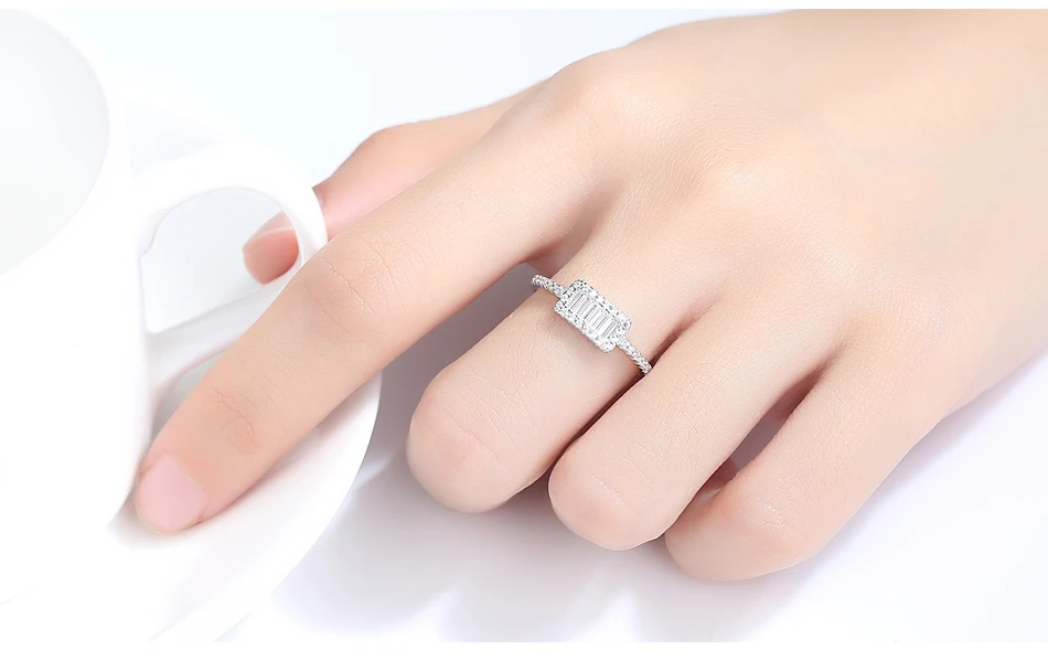CZCITY Настоящее Стерлинговое Серебро 925 кольца для помолвки кольцо для женщин Прямоугольная форма зубец Установка прозрачная кубическая циркониевая бижутерия