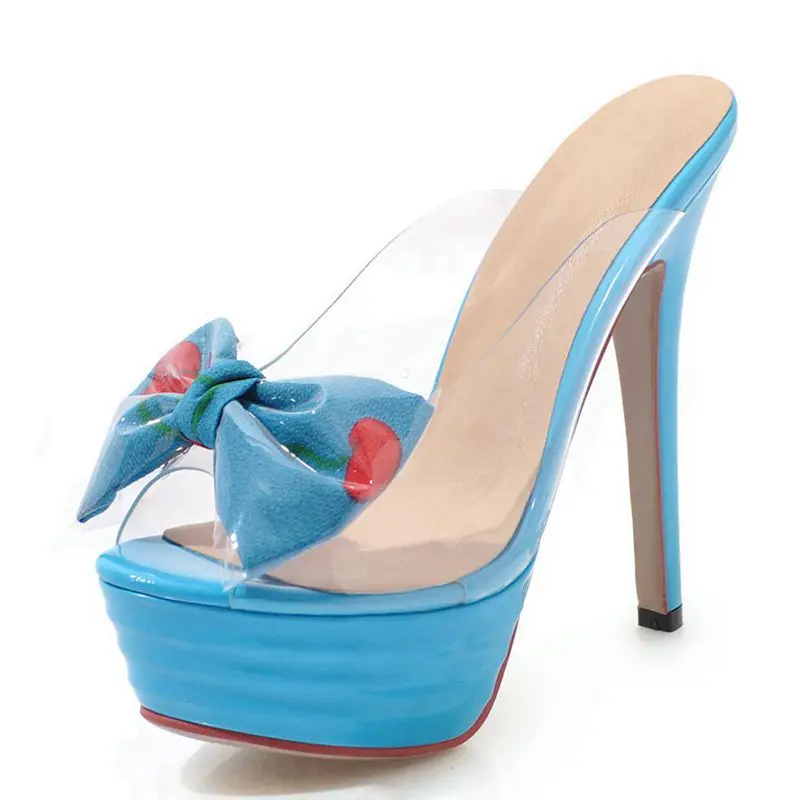 ASILETO/уличные женские шлепанцы; прозрачная обувь из ПВХ с бантом; женские босоножки; туфли без задника на высоком каблуке; zapatillas; обувь на шпильке; размер 43 - Цвет: Blue 1