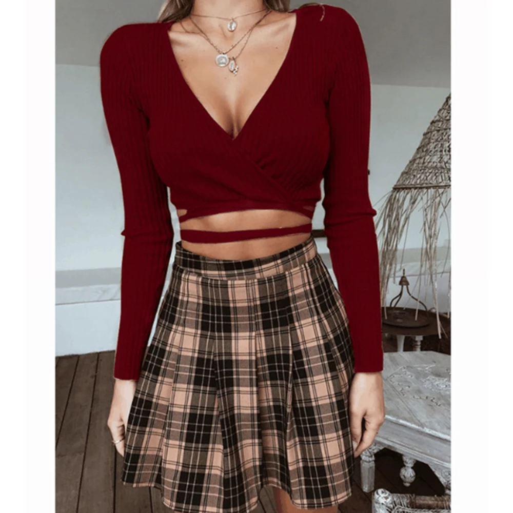 Women Fashion Sweater 2018 New Autumn Winter V-Neck Slim Tops Women Short Knitted Pullovers Long Sleeve Shirt Female Clothing Sweaters