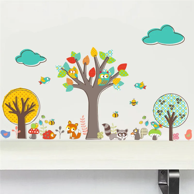 Pegatinas de pared de animales del bosque grandes, árbol, oso, ardilla,  mariposa, calcomanía de pared para habitación de niños, pegatinas  decorativas para pared - AliExpress