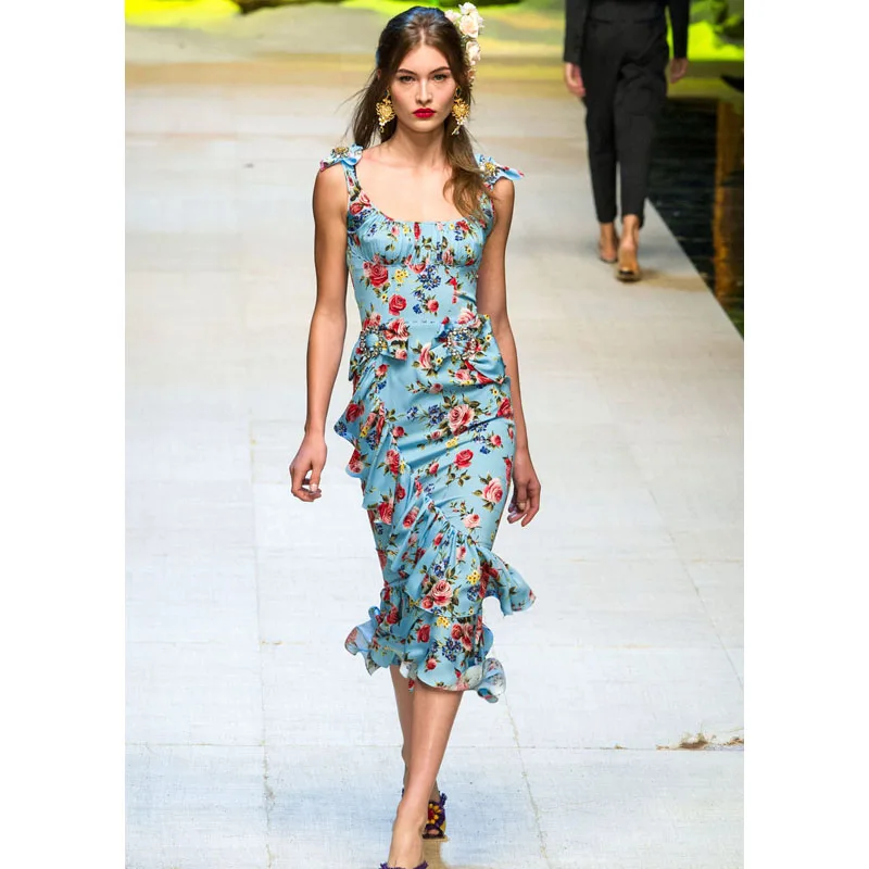 

See Orange Fashion Show 2017 Vintage Rose Print Summer Dress Ruffles Women Dress Sexy Sleeveless Runway Dress