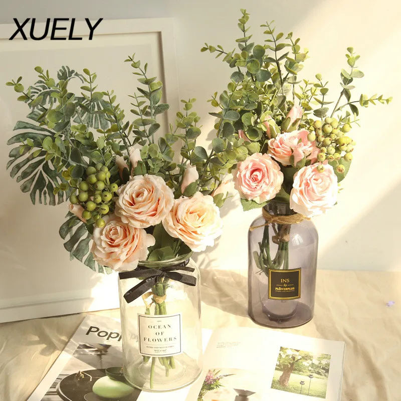 

XUELY Nordic Rose eucalyptus leaf artificial flower DIY home decoration wedding Bride holding flowers Valentine's Day present