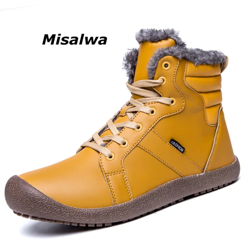 

Misalwa Winter Mens Snow Boots Fully Fur Lined Leather Male Rubber Antiskid Waterproof Warm Ankle Boots For Men Big Plus 37-48