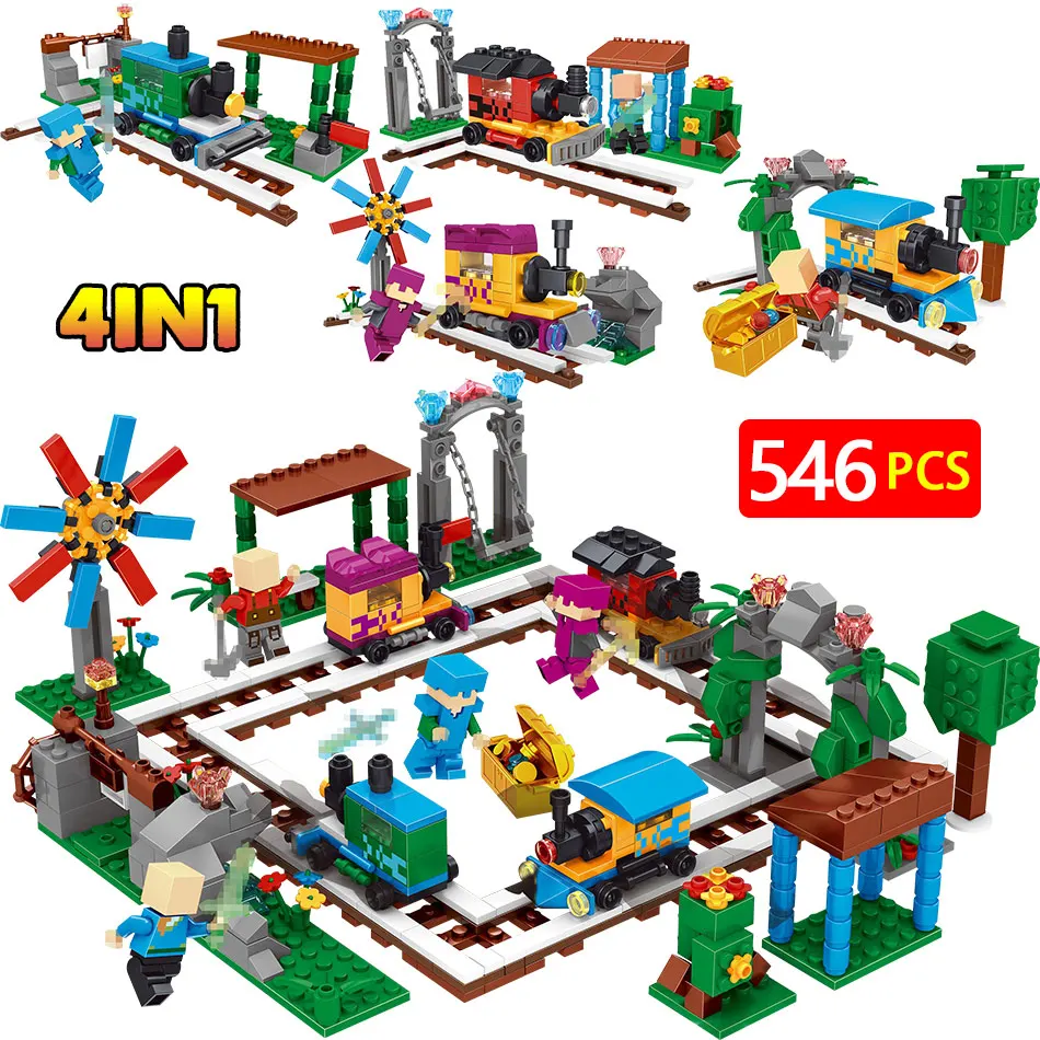 

546PCS My World Alex Action Figures Building Blocks Compatible Legoingly Minecrafted Train Scene Bricks Toys For Children Gift