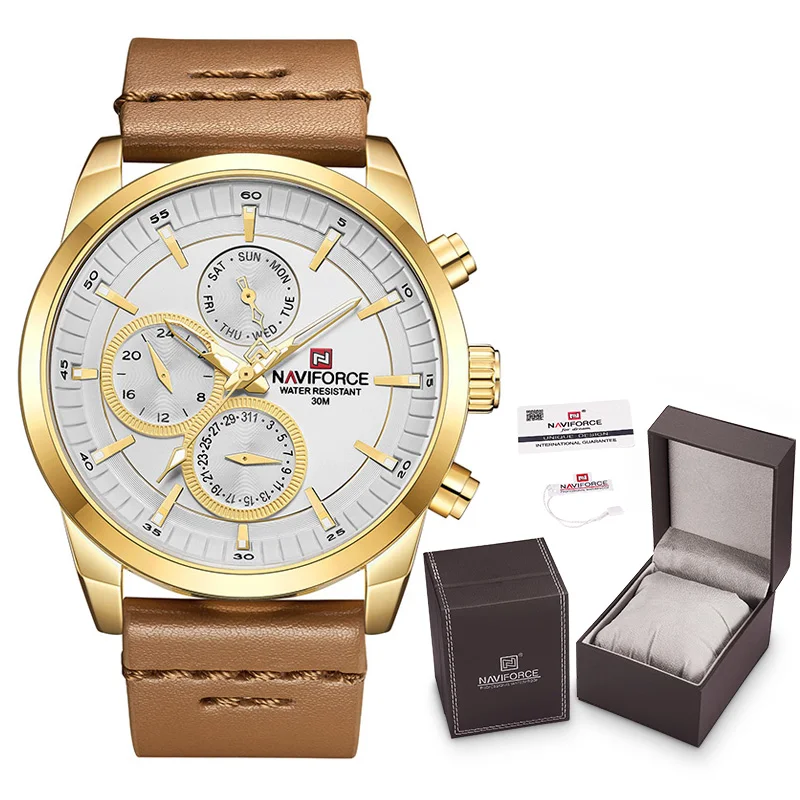 NAVIFORCE часы лучший бренд класса люкс мужские водонепроницаемые кварцевые часы с коробкой набор для продажи модные кожаные аналоговые Мужские часы с календарем - Цвет: GW-Box-A