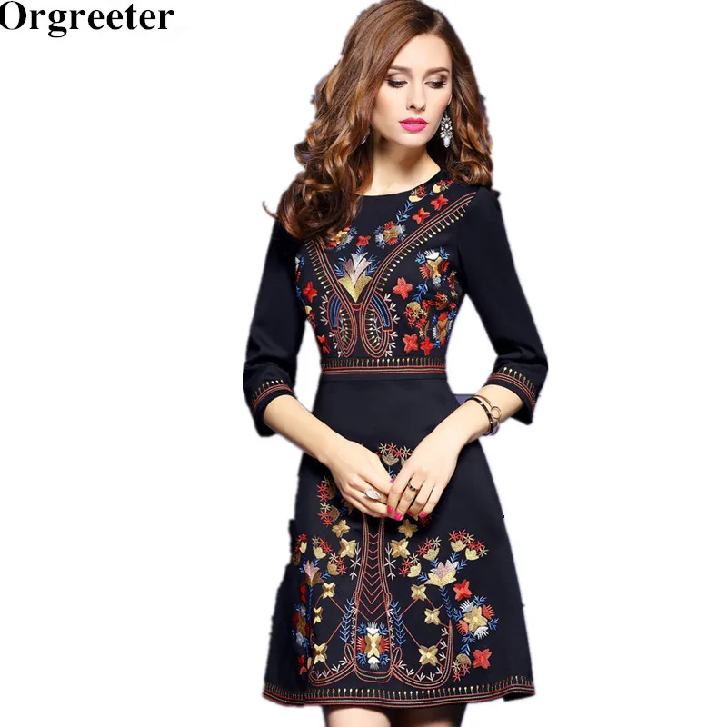 Женское платье с рукавом 3/4 Orgreeter подиумное вышивкой большие размеры XXXL 2018|brand