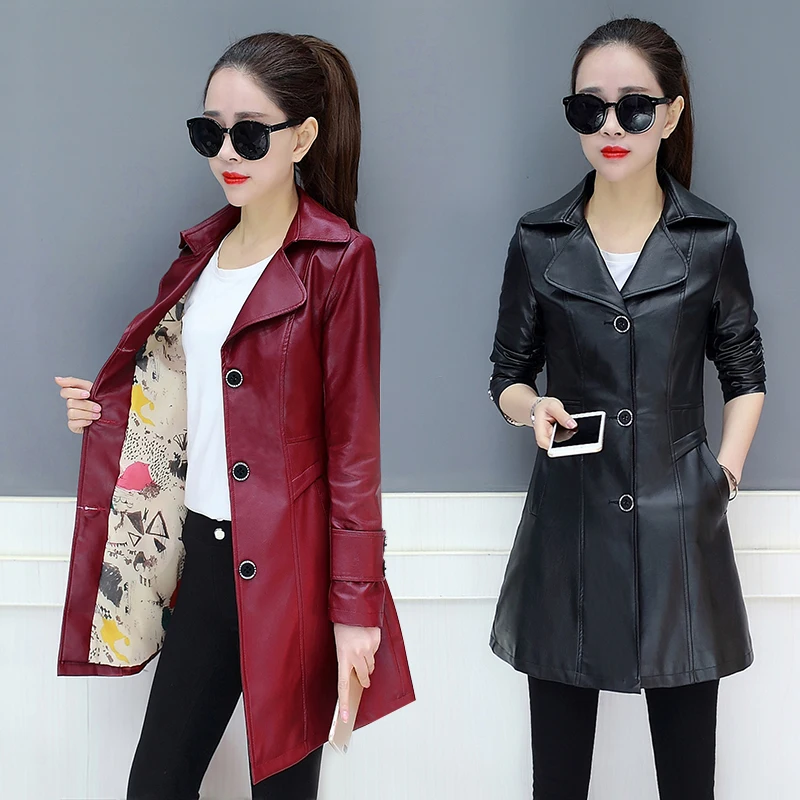 

Women's Plus Size Single Breasted Spring Women Leather Jackets Female Long Women's Coats Slim PU Leather Outerwear Windbreaker