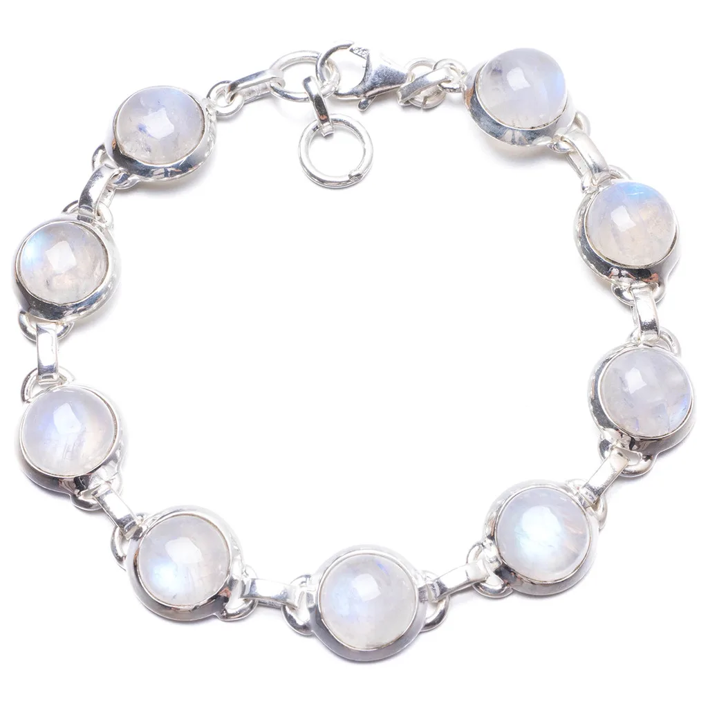 

Natural Rainbow Moonstone Handmade Unique 925 Sterling Silver Bracelet 7 1/2-8" Y2019