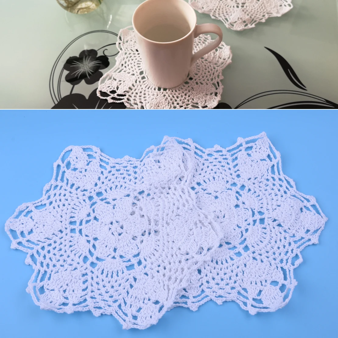 

2pcs Snowflake White Cotton Yarn Flower Shape Cup Tea Coffee Doily Pad Hand Crochet Lace Doilies Placemat Coasters