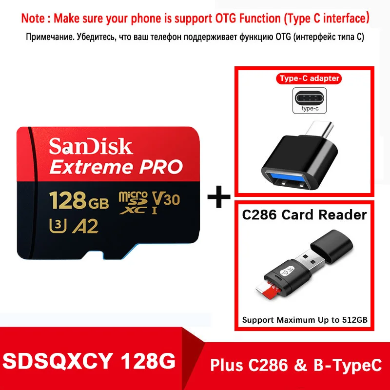 SanDisk Extreme Pro флеш-карты памяти TF карты Micro SD карты 128 ГБ U3 170 МБ/с. microsd телефон Камера 4K видео Запись - Емкость: SQXCY-128-C286-TypeC