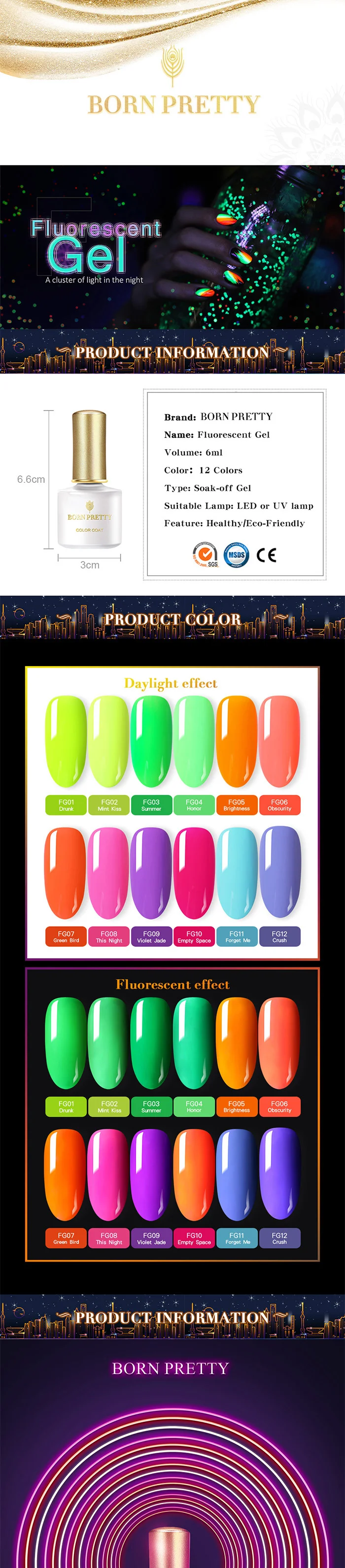 BORN PRETTY 6ml Gel Nail Polish Glow In The UV Light UV Neon Nail Gel Polish for Nail Fluorescent Gel Varnish Need Matt Top Coat