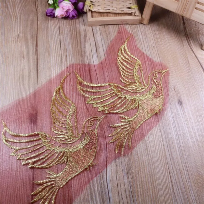 

2Pcs Red Tulle Gold Embroidery Birds Venice Venise Lace Applique Sewing Trims DIY Craft 16X21.5cm BD0593