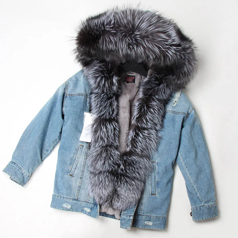 Maomaokong natural rabbit fur lined denim jacket fox fur coat coat fashion denim fox fur warm lady winter jacket women parka