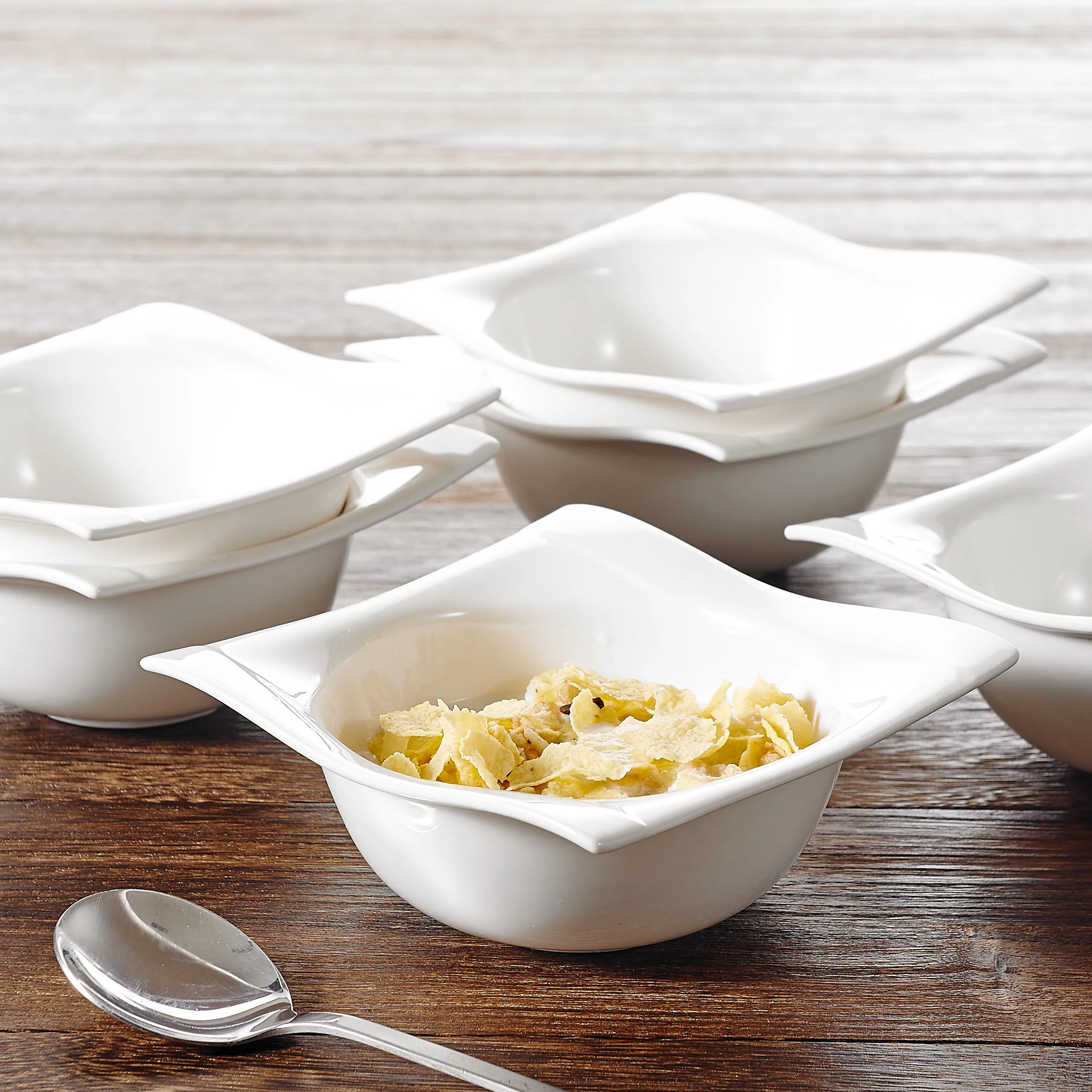 Vancasso Aurora 6-Piece Cereal Bowls 5.5 Ivory White Porcelain Ceramic Square Breakfast Service Set