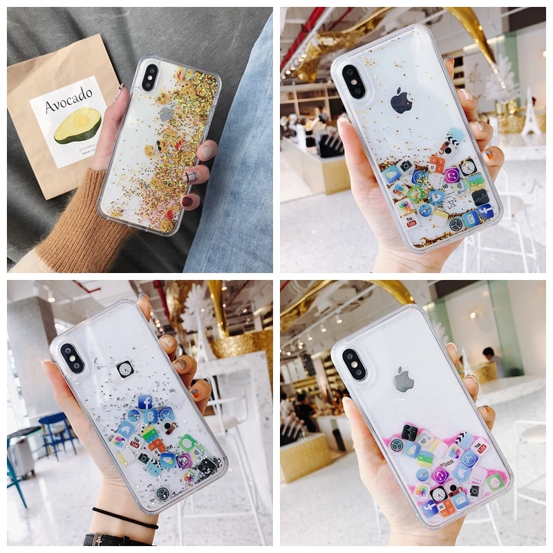 Cute Apps Icon Emoji Liquid Glitter Quicksand Case for iPhone 6 6S 7 8 Plus Hard Cover For iPhone X XR XS Max Fundas coque capa
