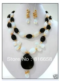 

hot Free shipping@@Fancy Pearl bead opal & Black Onyx &Necklace Earrings set (A0423)