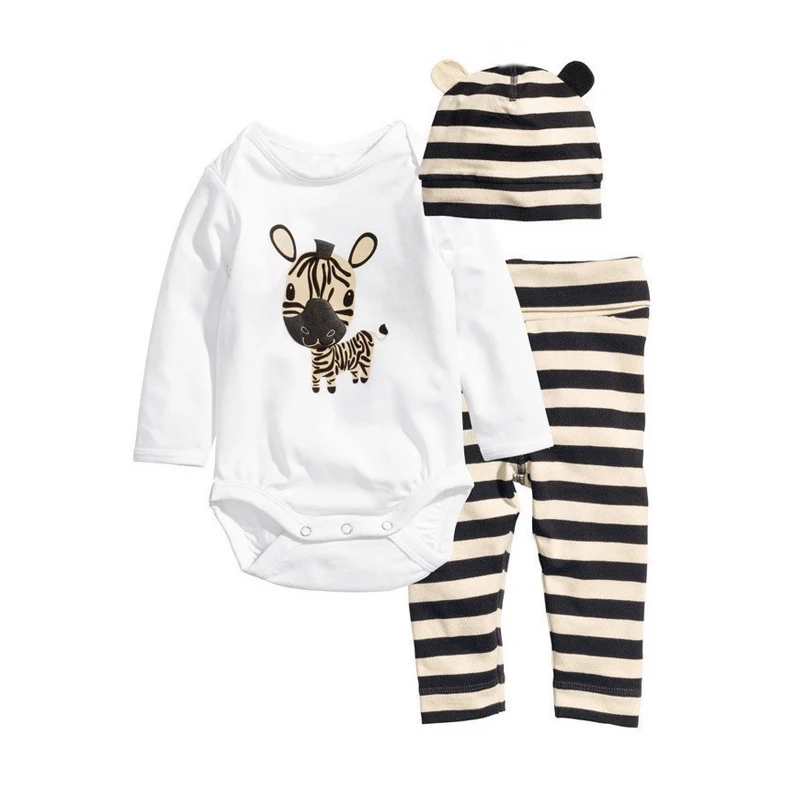 

2019 Baby Rompers Long Sleeve Cotton Baby Girl Clothes Cartoon Animal Baby Boy Romper+Hat+Pant Newborn Clothing Sets 3Colors