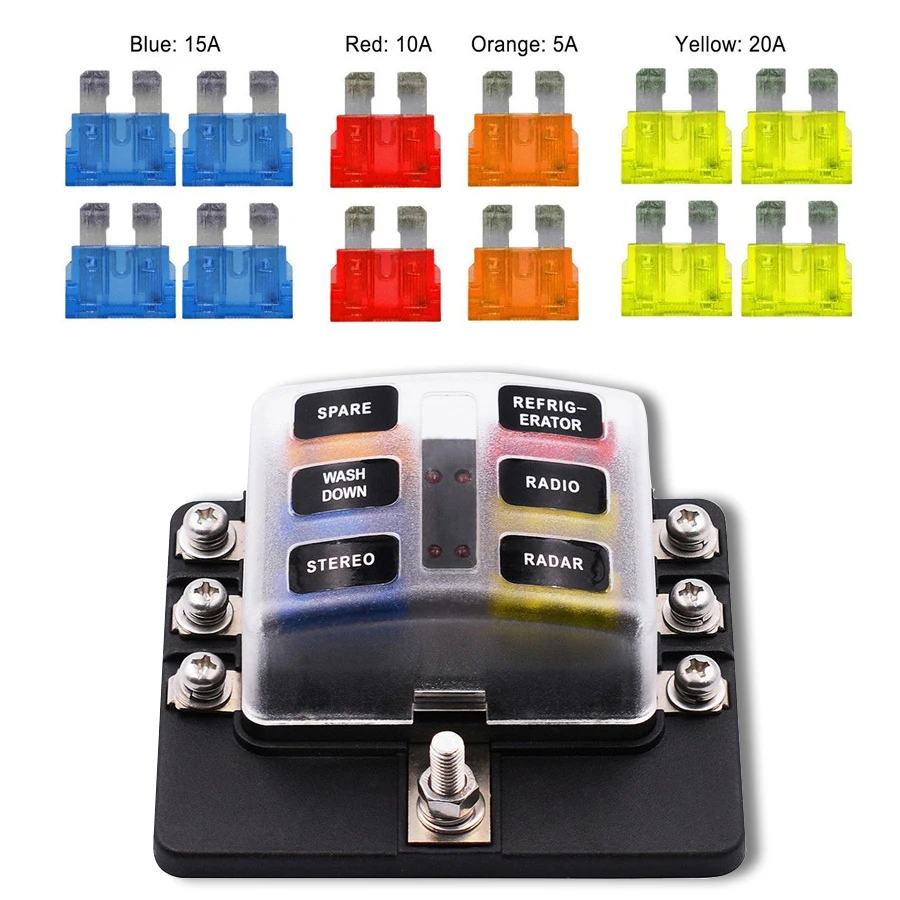 6 way Fuse Box Blade Fuse Holder 5A 10A 15A 20A Fuses LED Indicator