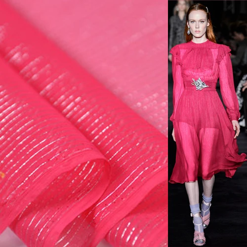 

Red crinkle silk georgette gauze silk fabric with golden striped design,SCG428