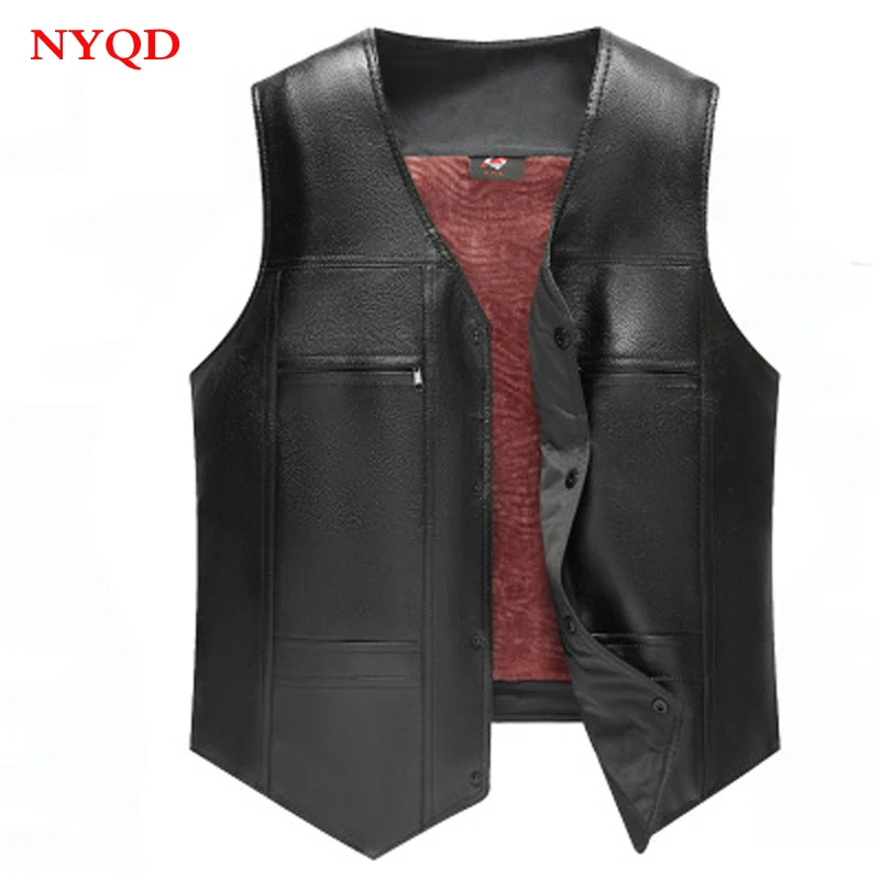 High quality new Winter men motorbike leather vest with fleece thickening middle aged V neck vest shoulders to keep warm