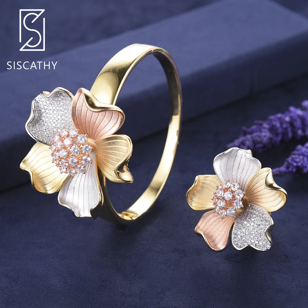 

SISCATHY Luxury Blossom Dubai Wedding Jewelry Sets Three Tones Mixed Cubic Zirconia Bracelet Ring Jewelry Set