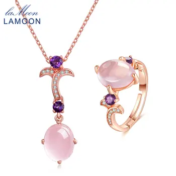 

LAMOON Women's Ring Necklace Set Natural Gemstone Oval Rose Quartz 925 Sterling Silver Jewelry Rose Gold Fine Jewelry Set V025-3