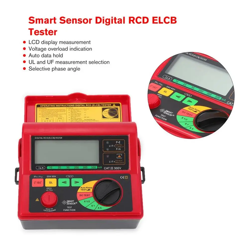 SMART SENSOR AR5406 Digital RCD ELCB Resistance Tester Leakage Switch Tester Leakage Current Test 10/20/30/200/300/500mA