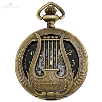 

KS Retro Musical harp Black Watch Antique Copper Men Orologio Uomo Necklace Clock Hollow Elegent Mechanical Pocket Watch /KSP114