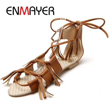 

ENMAYER PU Gladiator Zandalias De Verano Mujer Shoes Fringe Fashion Summer Flat Sandals Women Size 34-43 LY1341