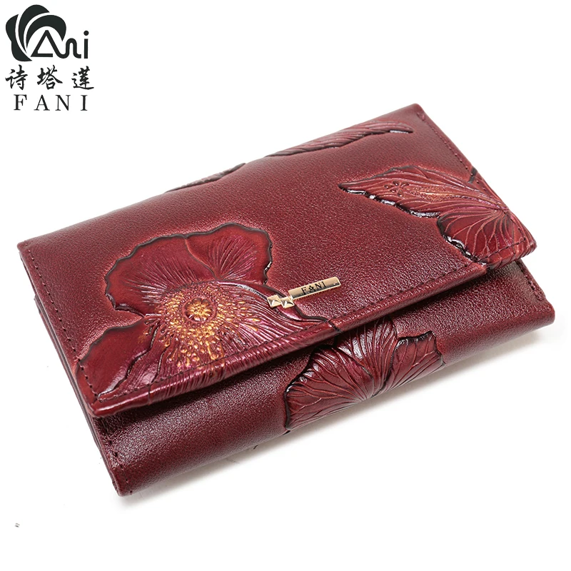 

FANI Women Wallets Fashion Flower Print Genuine Leather Wallet Three Folding Multi-function Hasp Simple Women Purse Hot 2018