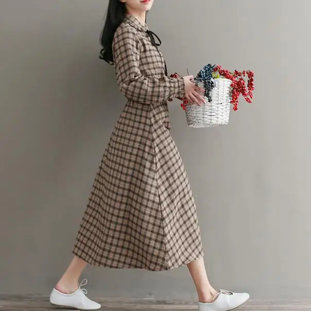 Mori Girl платье с воротником Питер Пэн винтажное клетчатое женское Vestidos