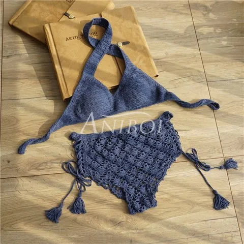 Denim blue Anibol Холтер бретелек крючком бикини ретро Высокая Талия Для женщин Купальники для малышек выдалбливают бинты вязаный купальник ванный комплект - Цвет: Denim blue