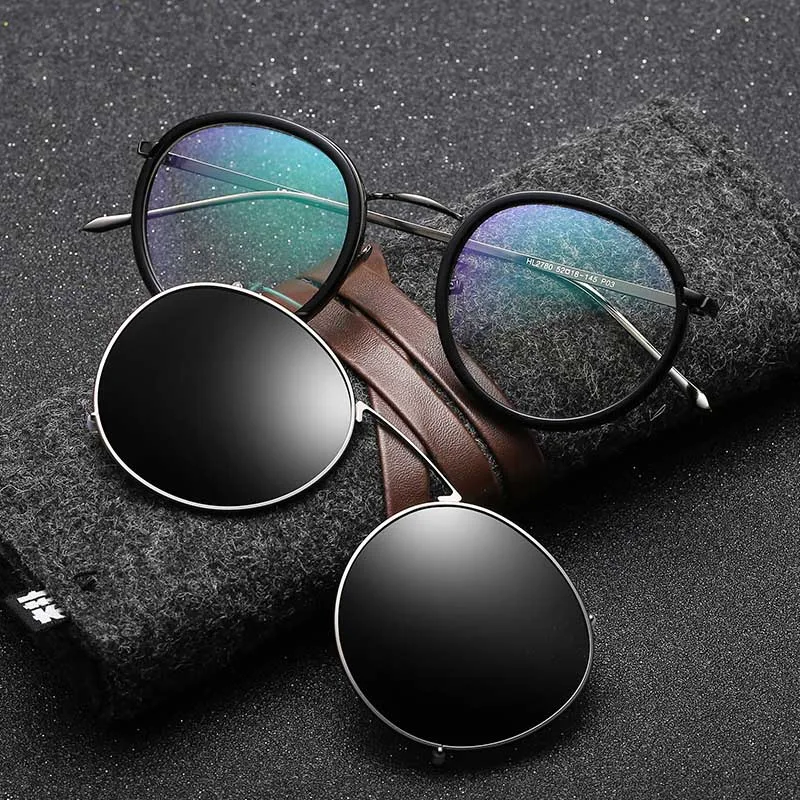 Mens Polarized Clip on Sunglasses Metal Eyeglass Frames Driving Retro